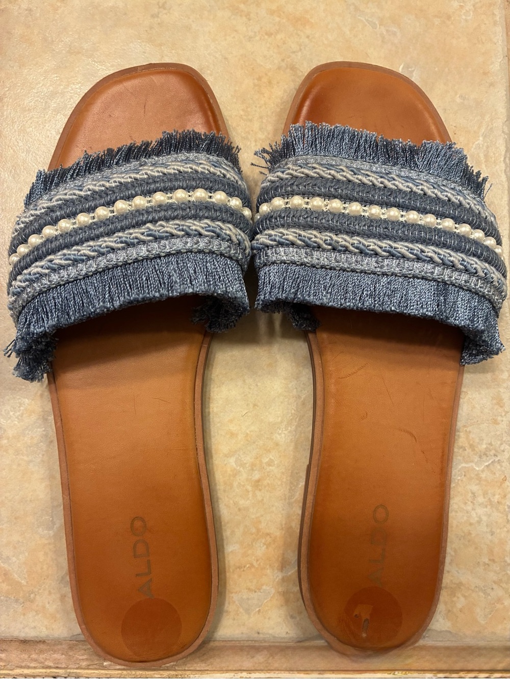 ALDO Denim Pearl-Trim Slide Sandals in Blue and Brown